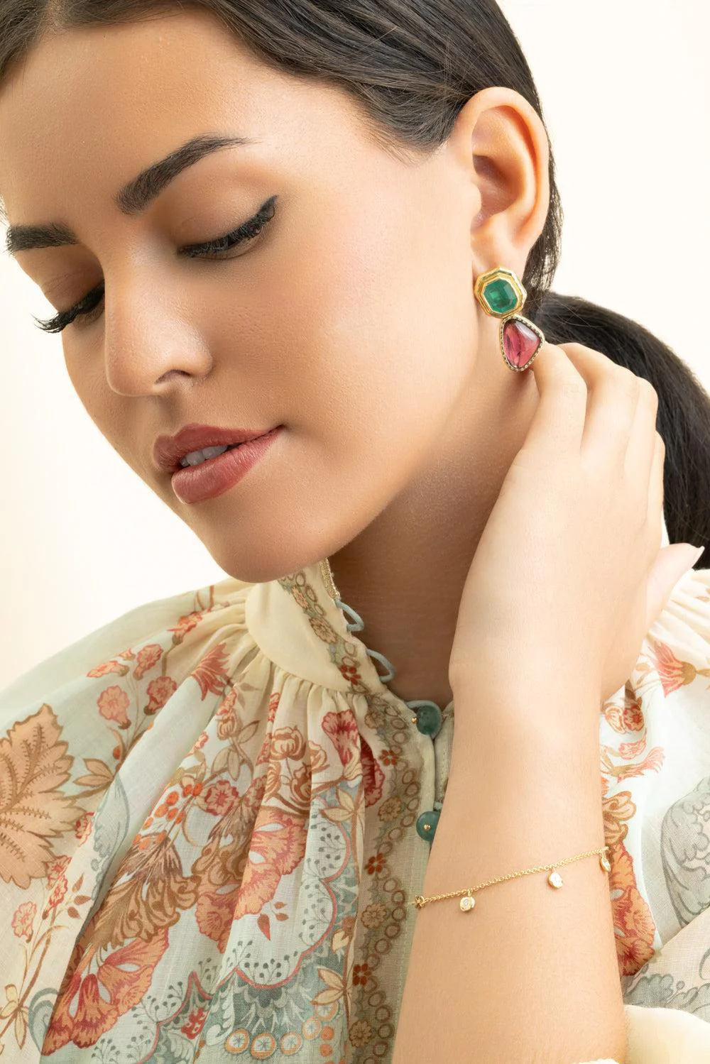 Emerald Rubellite Double Orbit Kite Earrings - Image 4