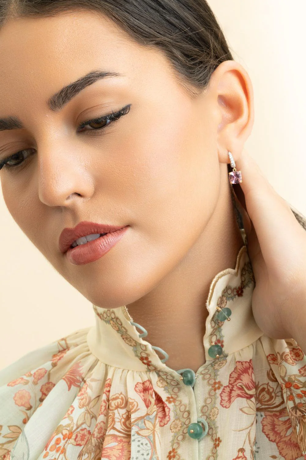 Morganite Diamond Cobblestone Micro Hoop Earrings - Image 4