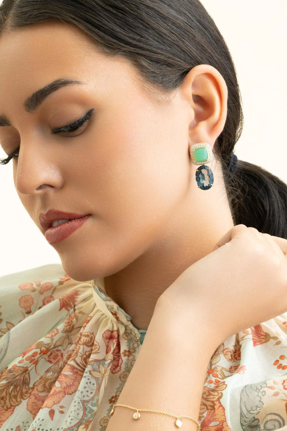 Topaz Chrysoprase Cobblestone Gemmed Earrings - Image 2