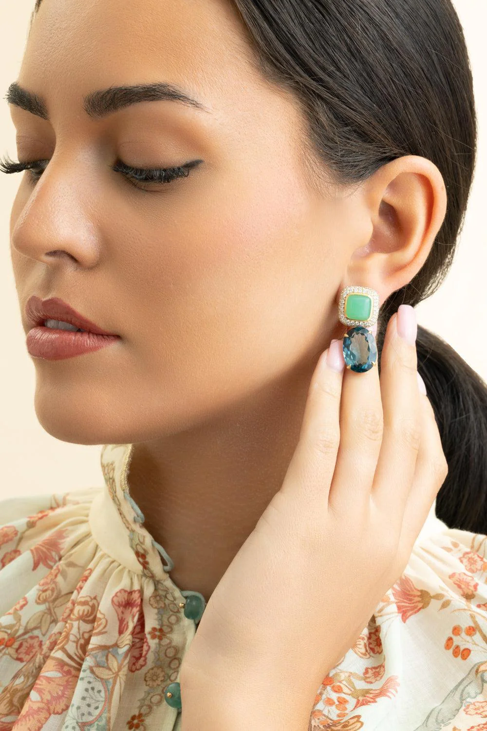 Topaz Chrysoprase Cobblestone Gemmed Earrings - Image 3