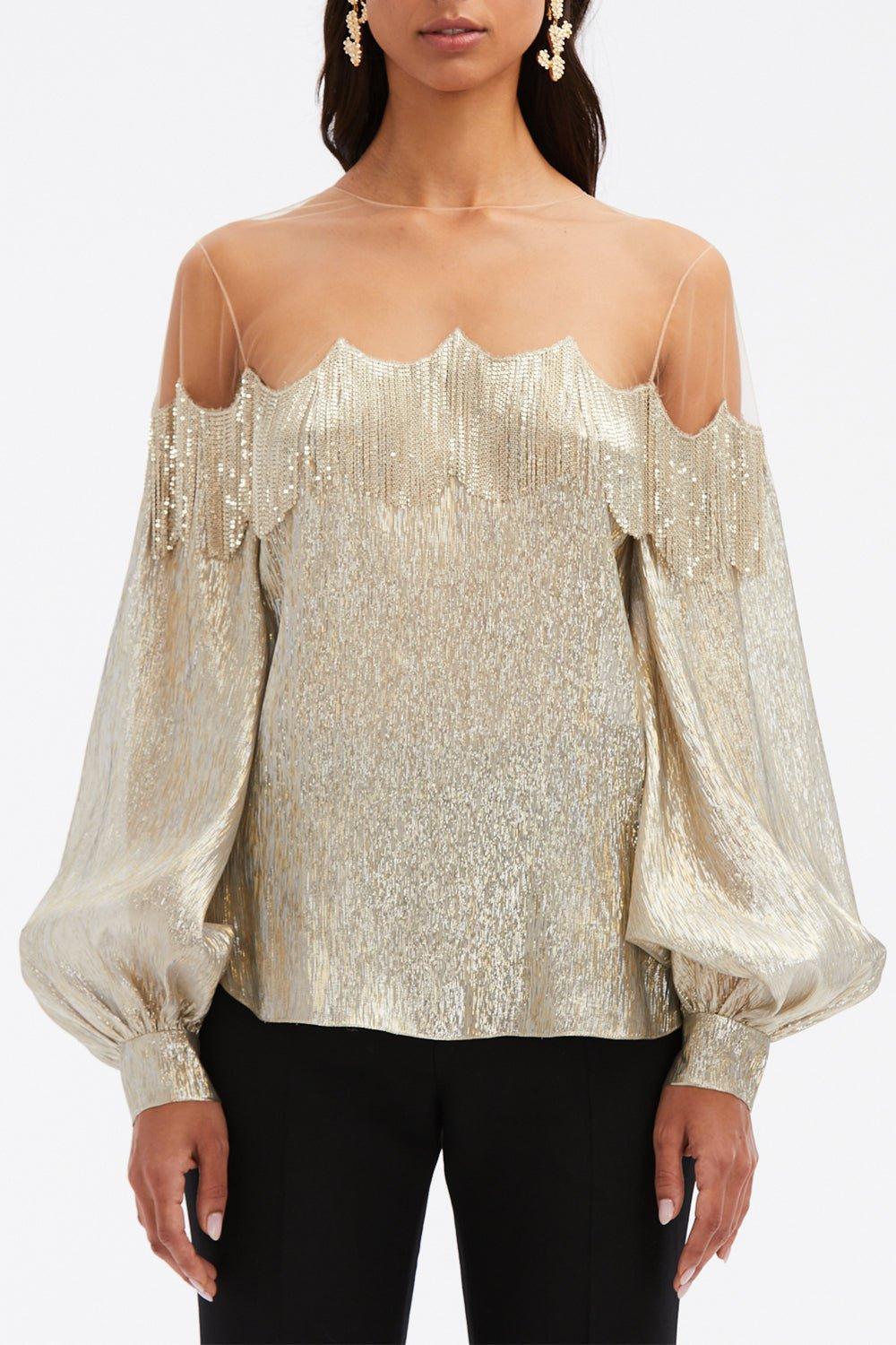 Long Sleeve Chain Fringe Embellished Blouse - Image 2