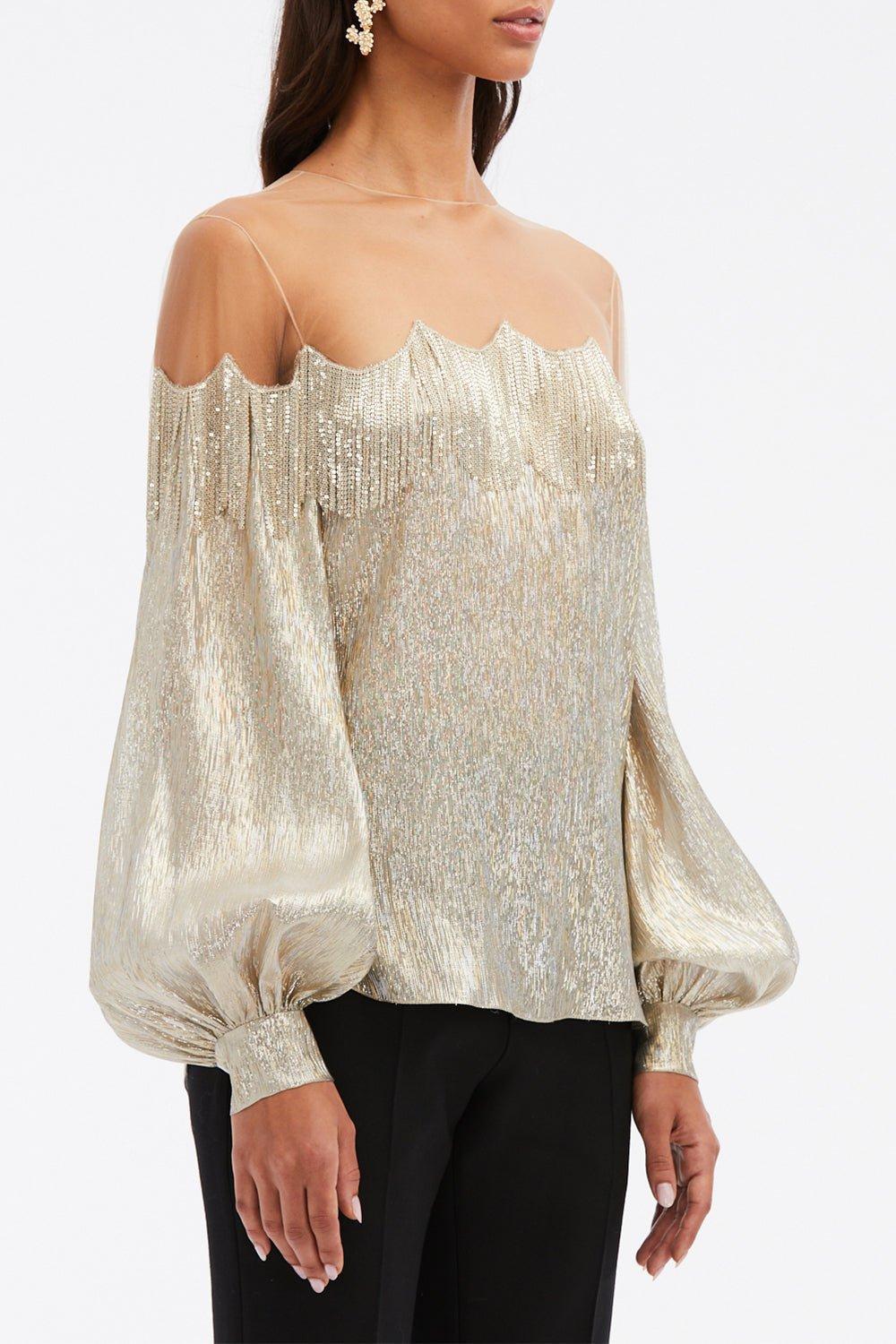 Long Sleeve Chain Fringe Embellished Blouse - Image 5