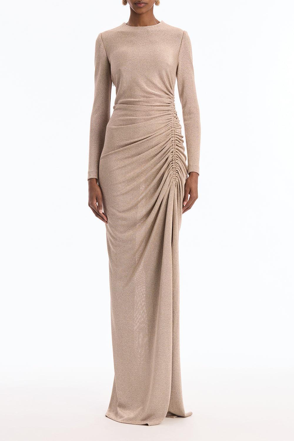 Long Sleeve Draped Metallic Gown