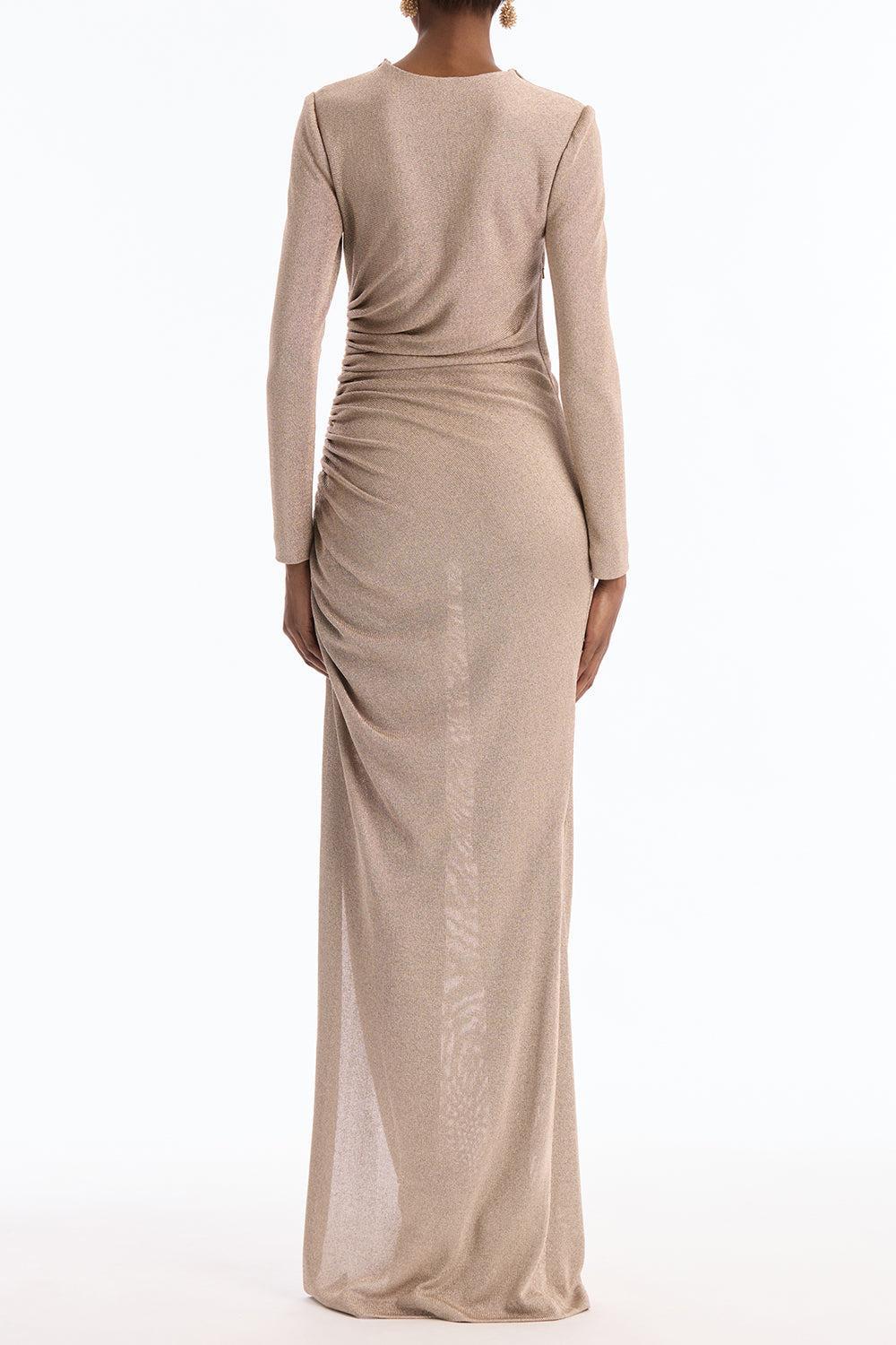 Long Sleeve Draped Metallic Gown - Image 2