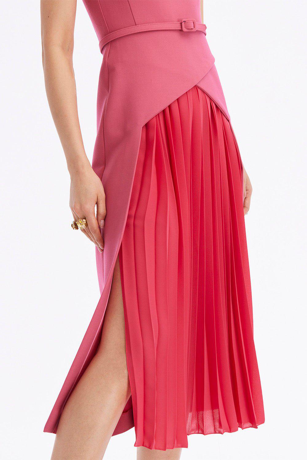 Pleated Skirt Stretch Dress - Geranium - Image 3