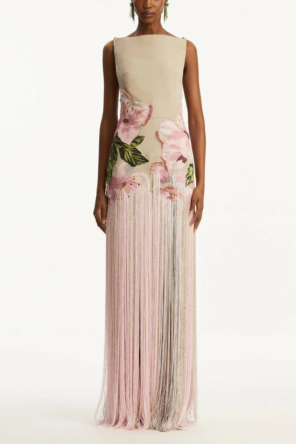 Sleeveless Embroidered Fringe Gown