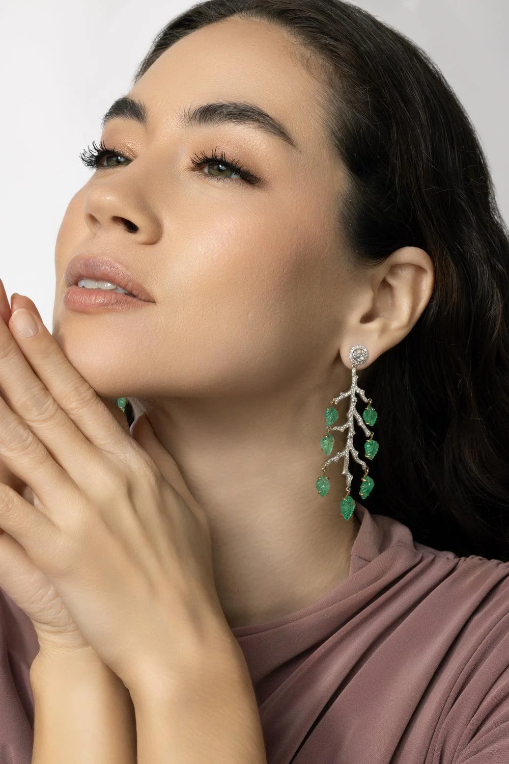 Diamond Emerald Leaf Enchanted Forest Earrings - Image 2