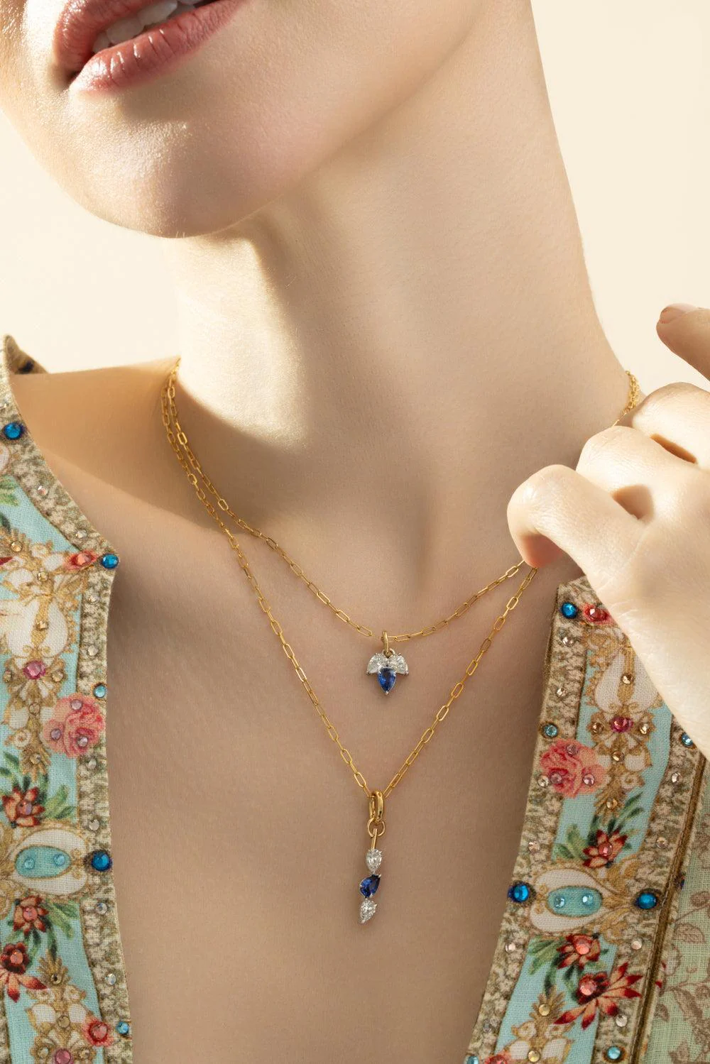 Blue Sapphire Diamond Triple Leaf Necklace - Image 2