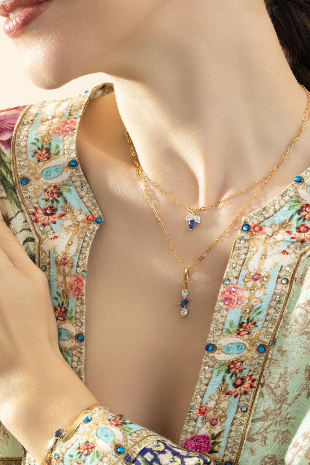 Blue Sapphire Diamond Triple Leaf Necklace - Image 3