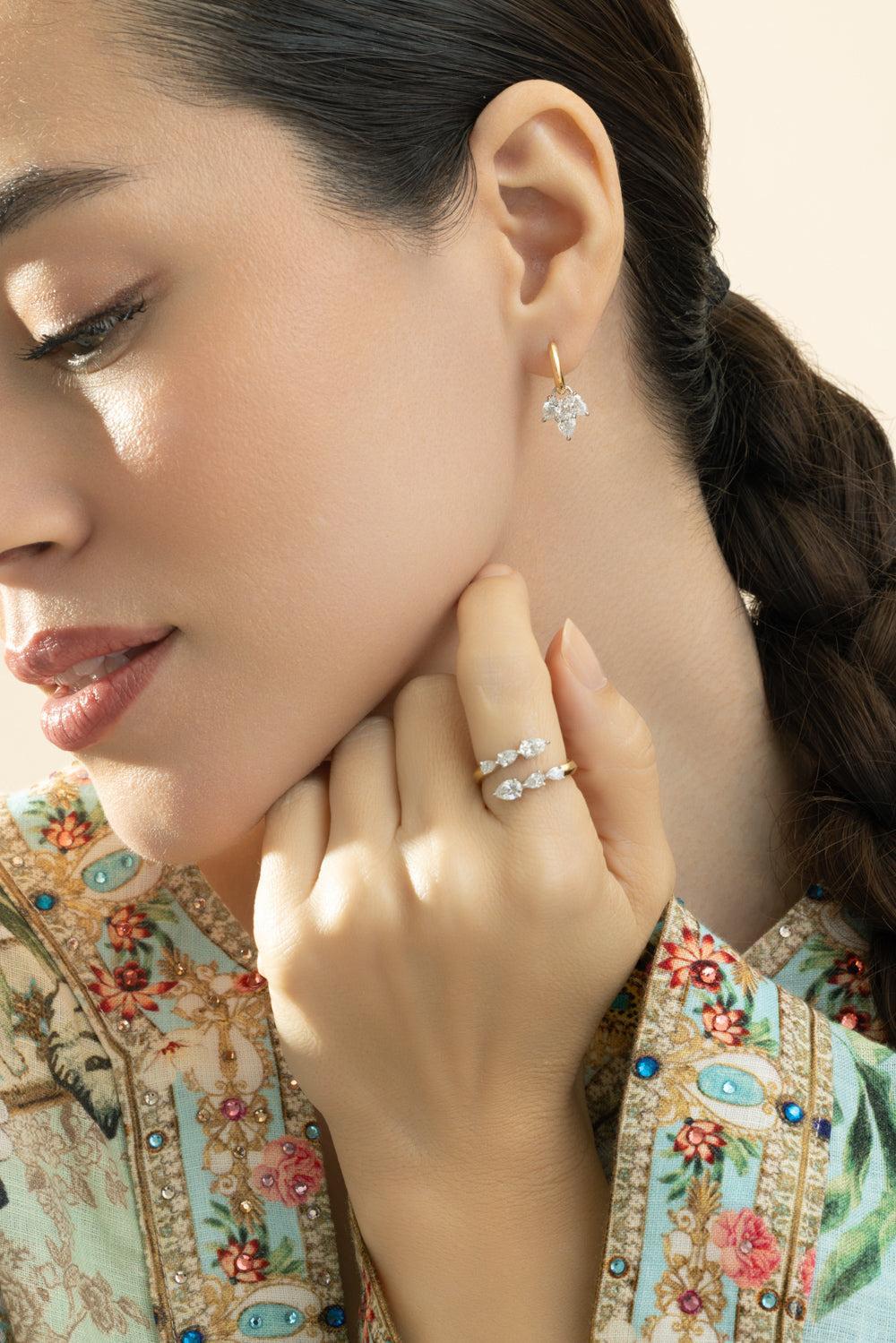 Diamond Triple Leaf Huggie Earrings - Image 2
