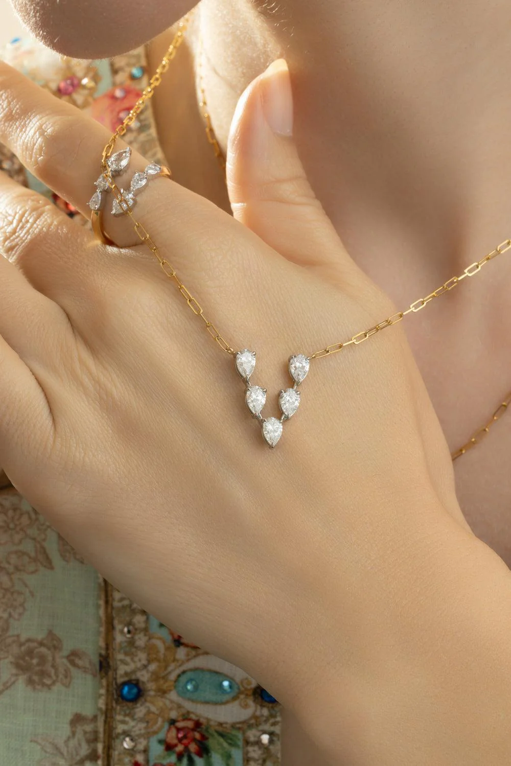 Five Diamond Pear V Necklace - Image 4