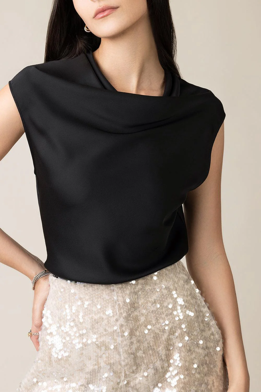 Fluid Cowl Neck Sleeveless Top - Black - Image 4