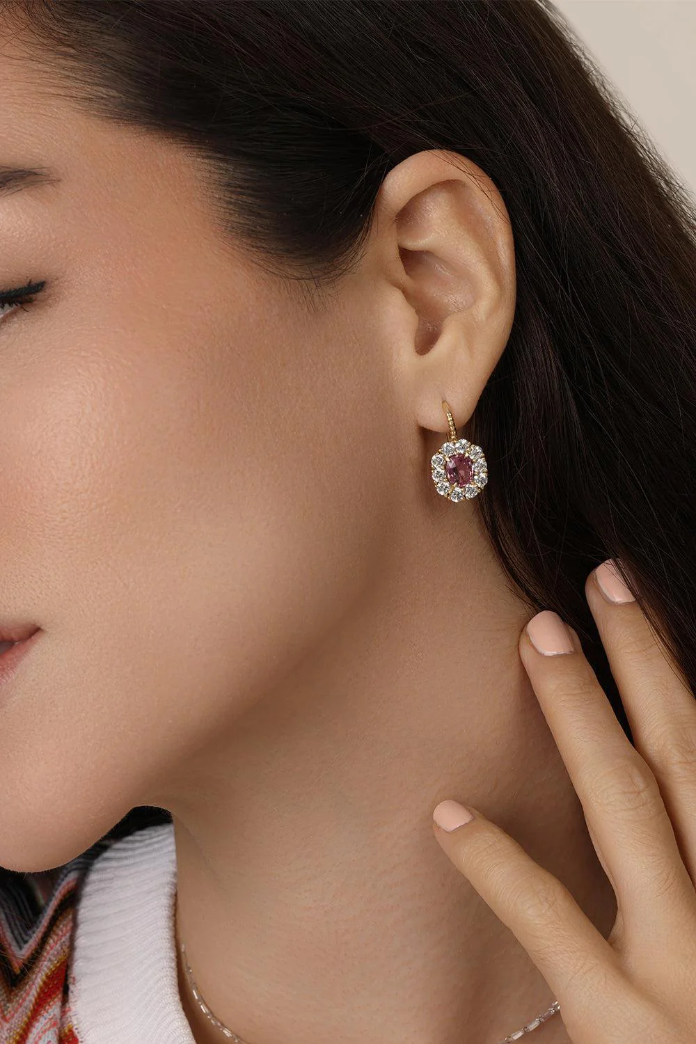 Pink Sapphire Diamond Halo Heirloom Earrings - Image 3