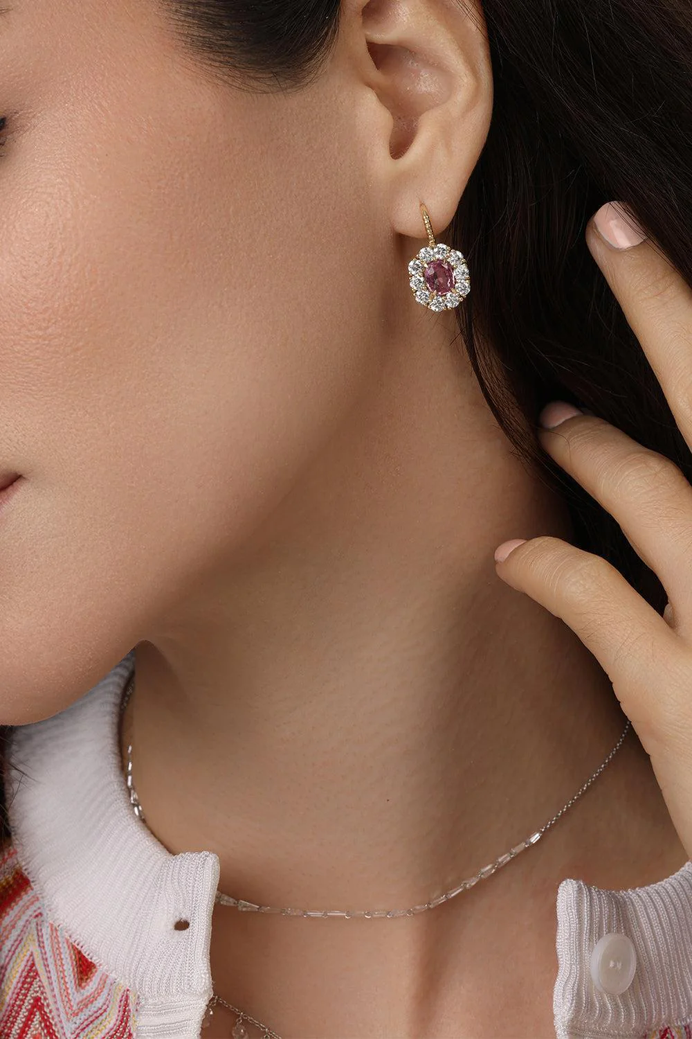 Pink Sapphire Diamond Halo Heirloom Earrings - Image 4