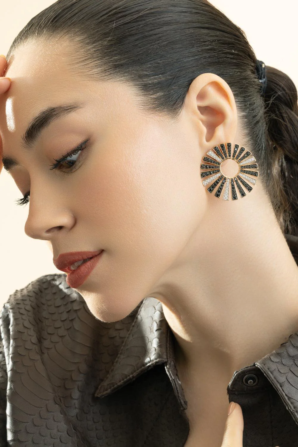 Black White Diamond Fan Earrings - Image 2