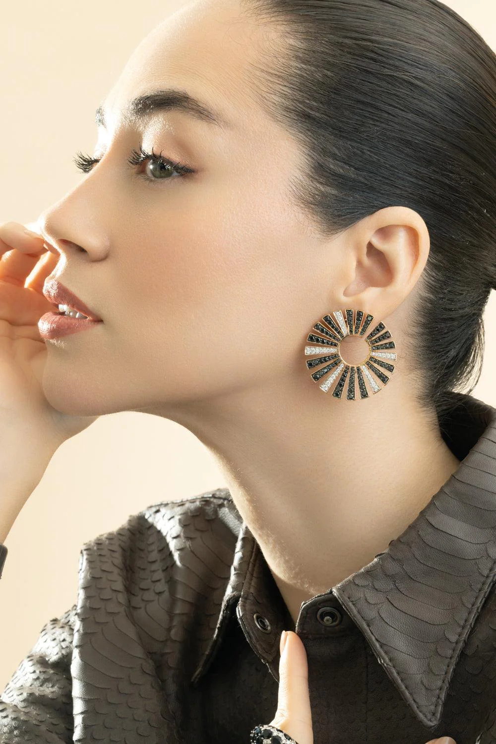 Black White Diamond Fan Earrings - Image 3