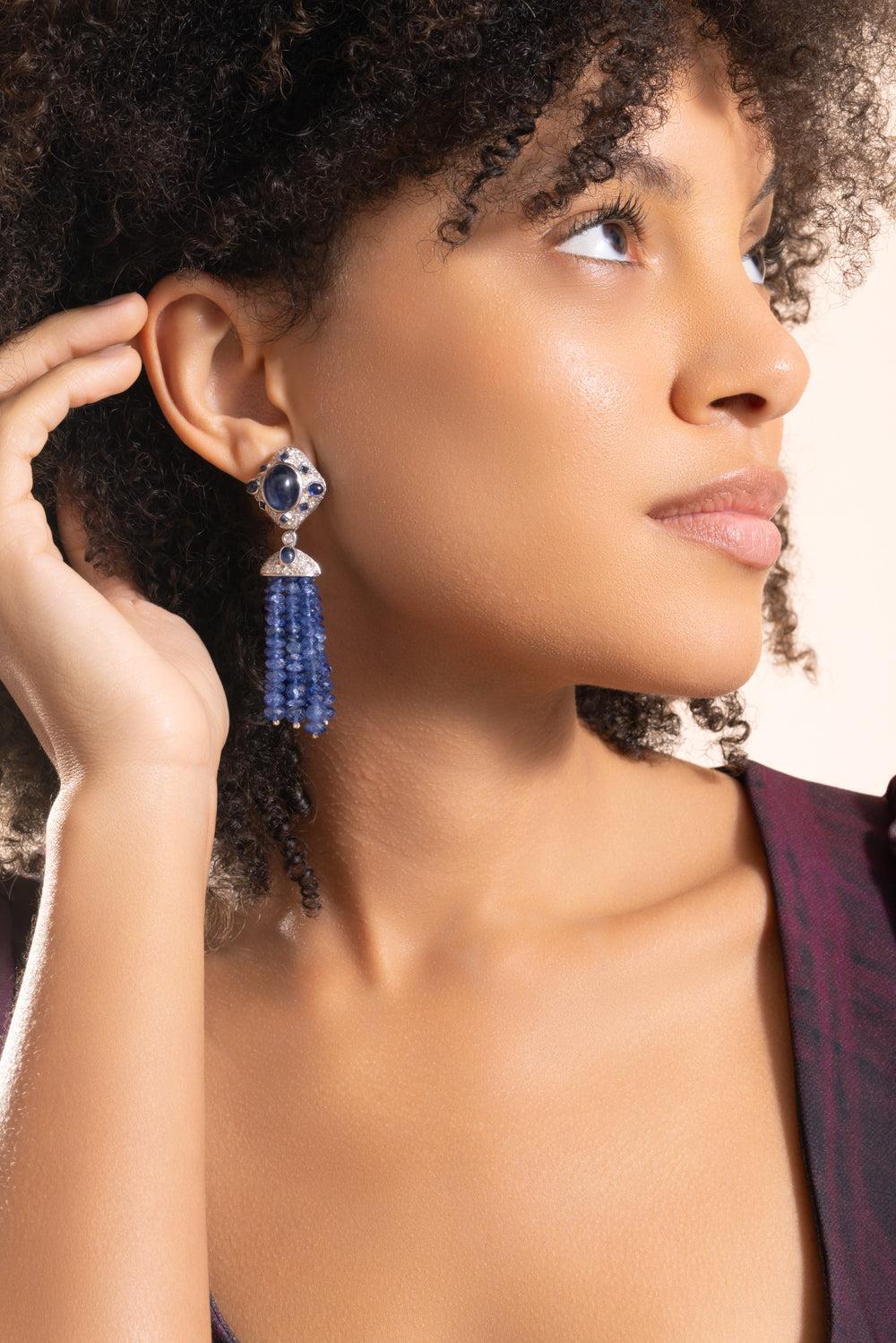 Blue Sapphire Diamond Beaded Earrings - Image 2