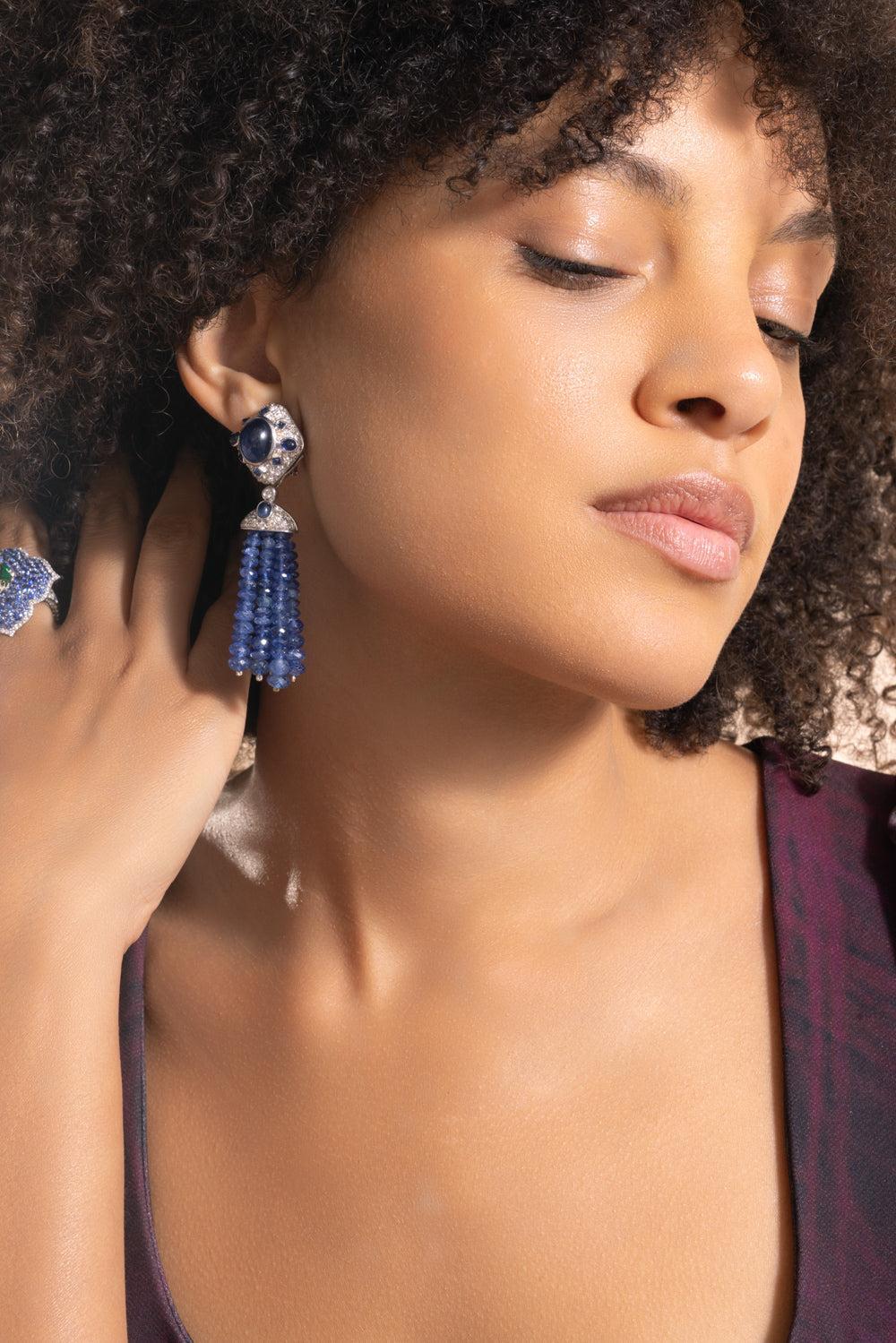 Blue Sapphire Diamond Beaded Earrings - Image 3