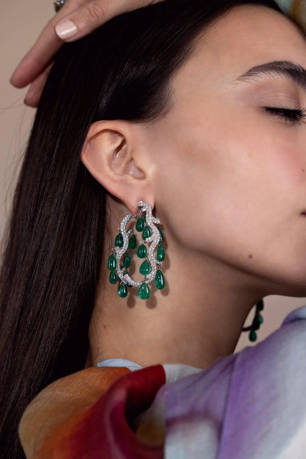 Cabochon Emerald Diamond Chandelier Earrings - Image 2