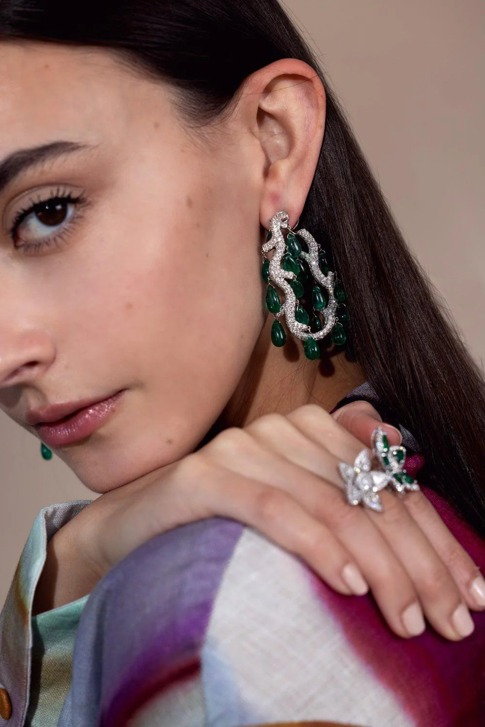 Cabochon Emerald Diamond Chandelier Earrings - Image 3