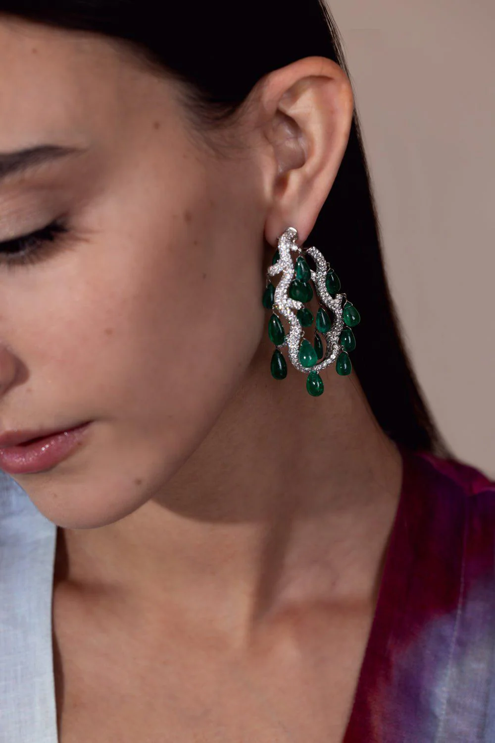 Cabochon Emerald Diamond Chandelier Earrings - Image 4