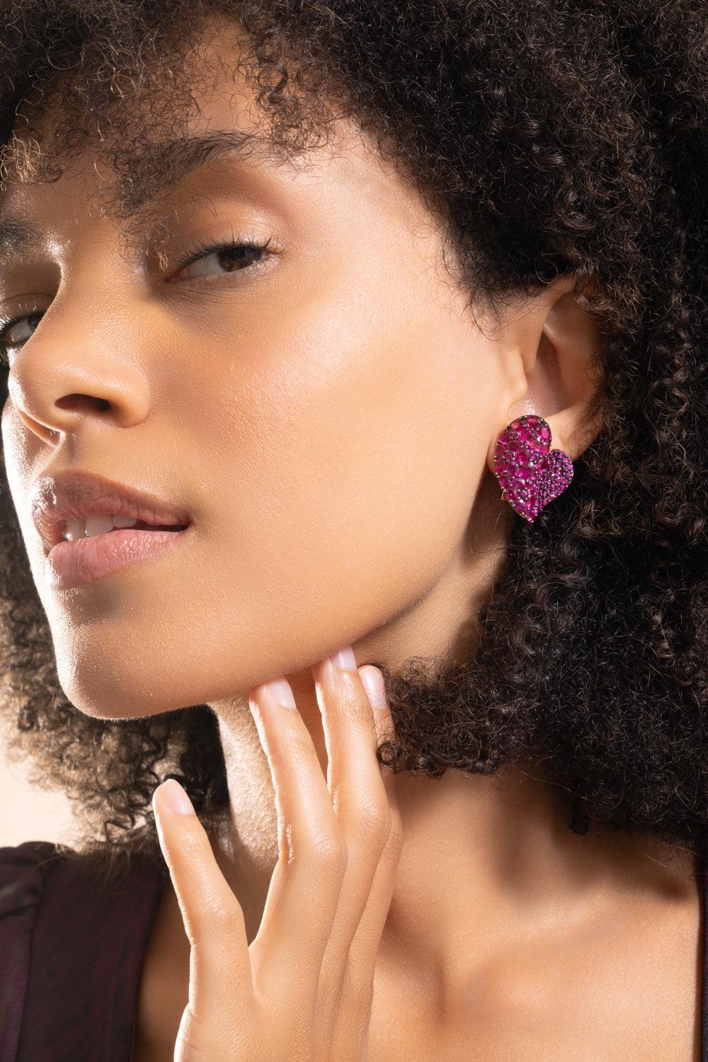 Deep Pink Large Sapphire Heart Earrings - Image 4