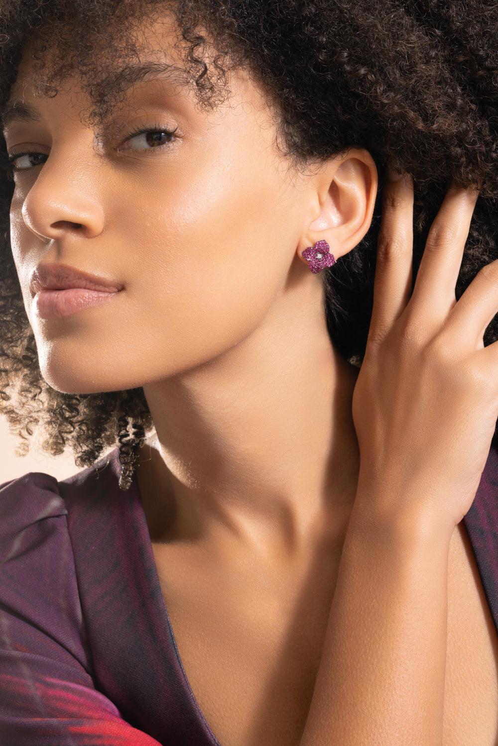Deep Pink Sapphire Small Flower Earrings - Image 2