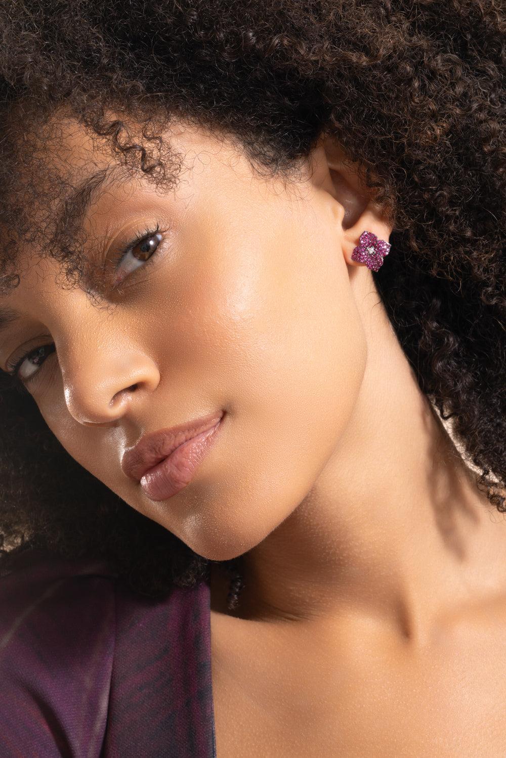 Deep Pink Sapphire Small Flower Earrings - Image 3