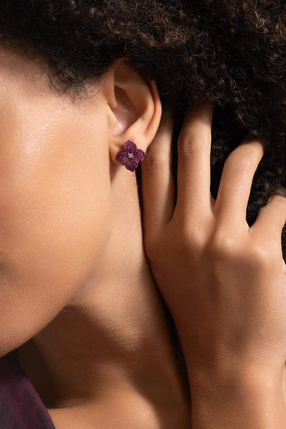 Deep Pink Sapphire Small Flower Earrings - Image 4