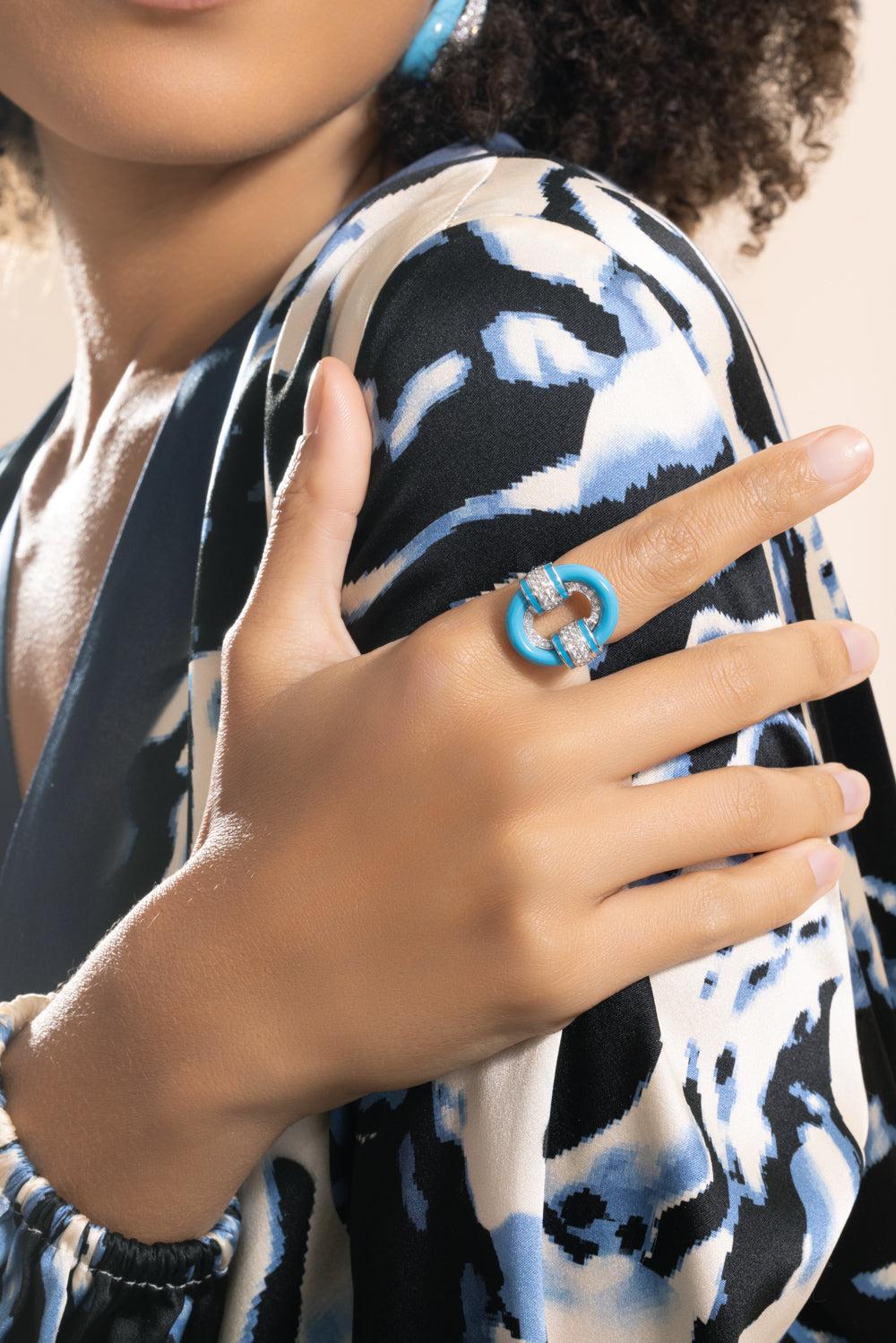 Diamond Turquoise Carved Ring - Image 3