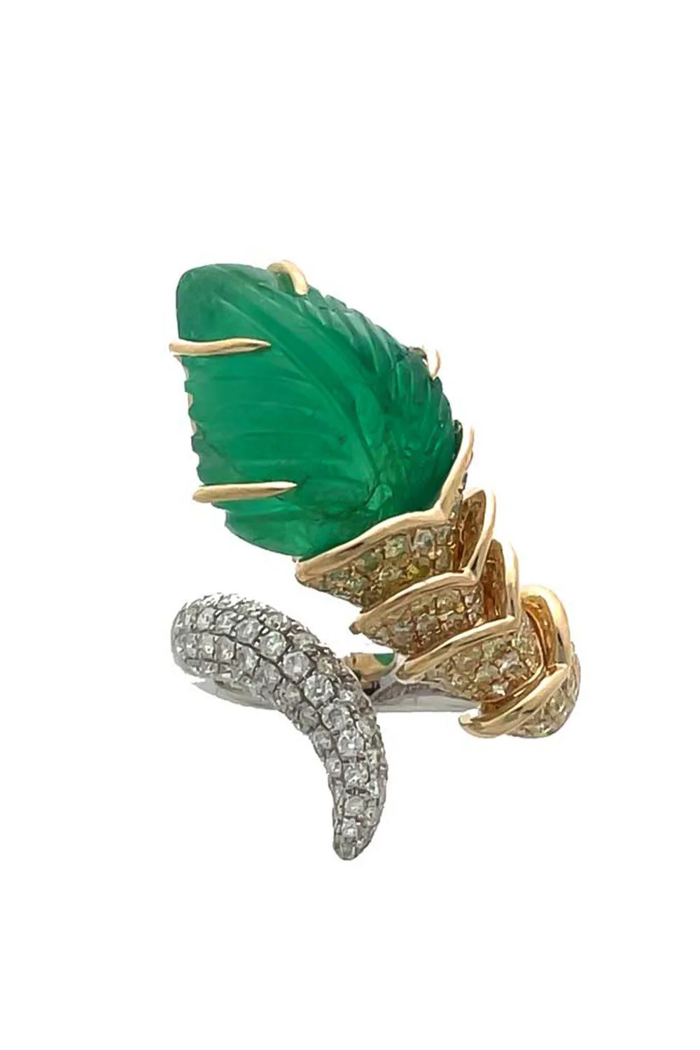 Emerald Diamond Carved Leaf Wrap Ring