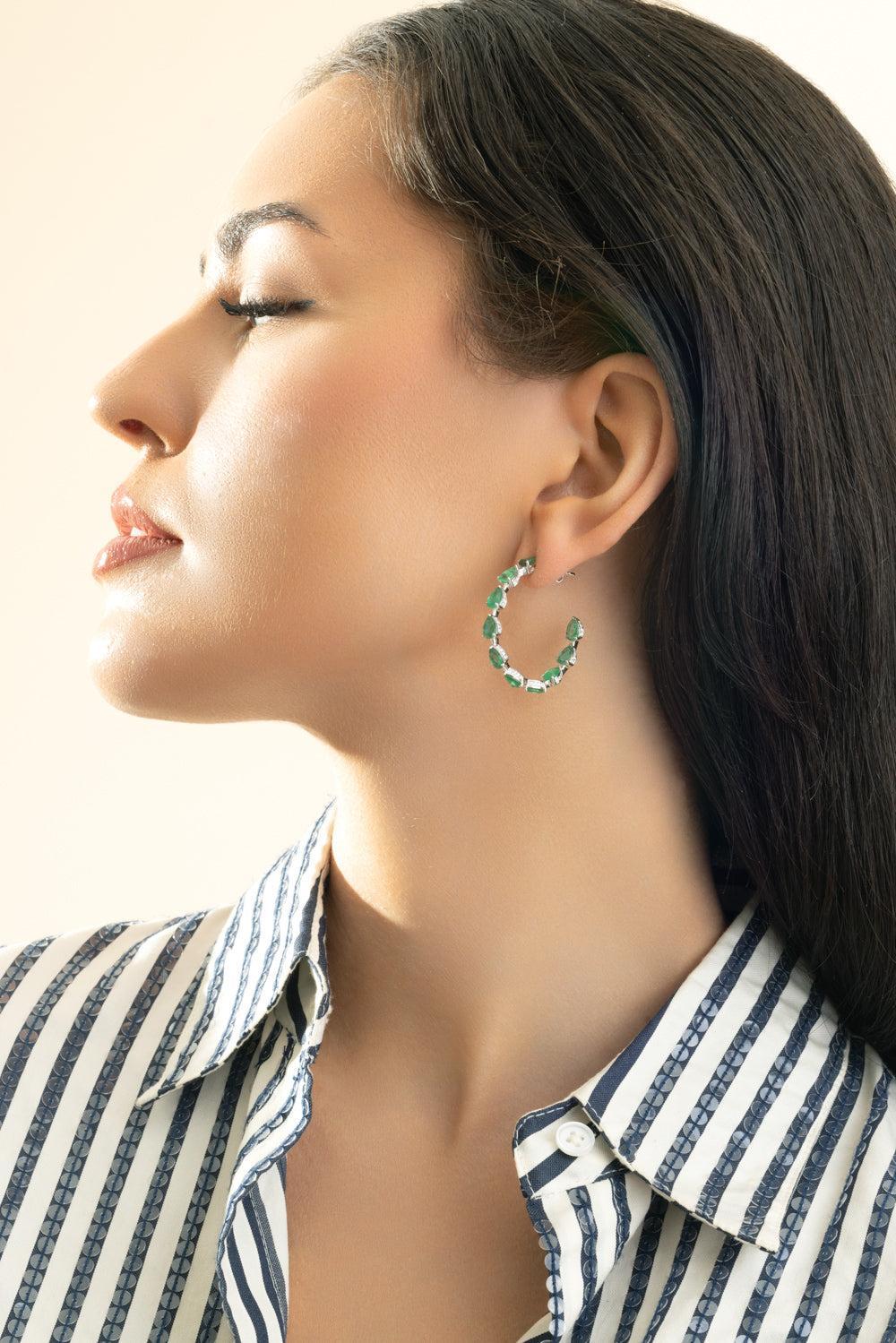 Emerald Diamond Hoop Earrings - Image 3
