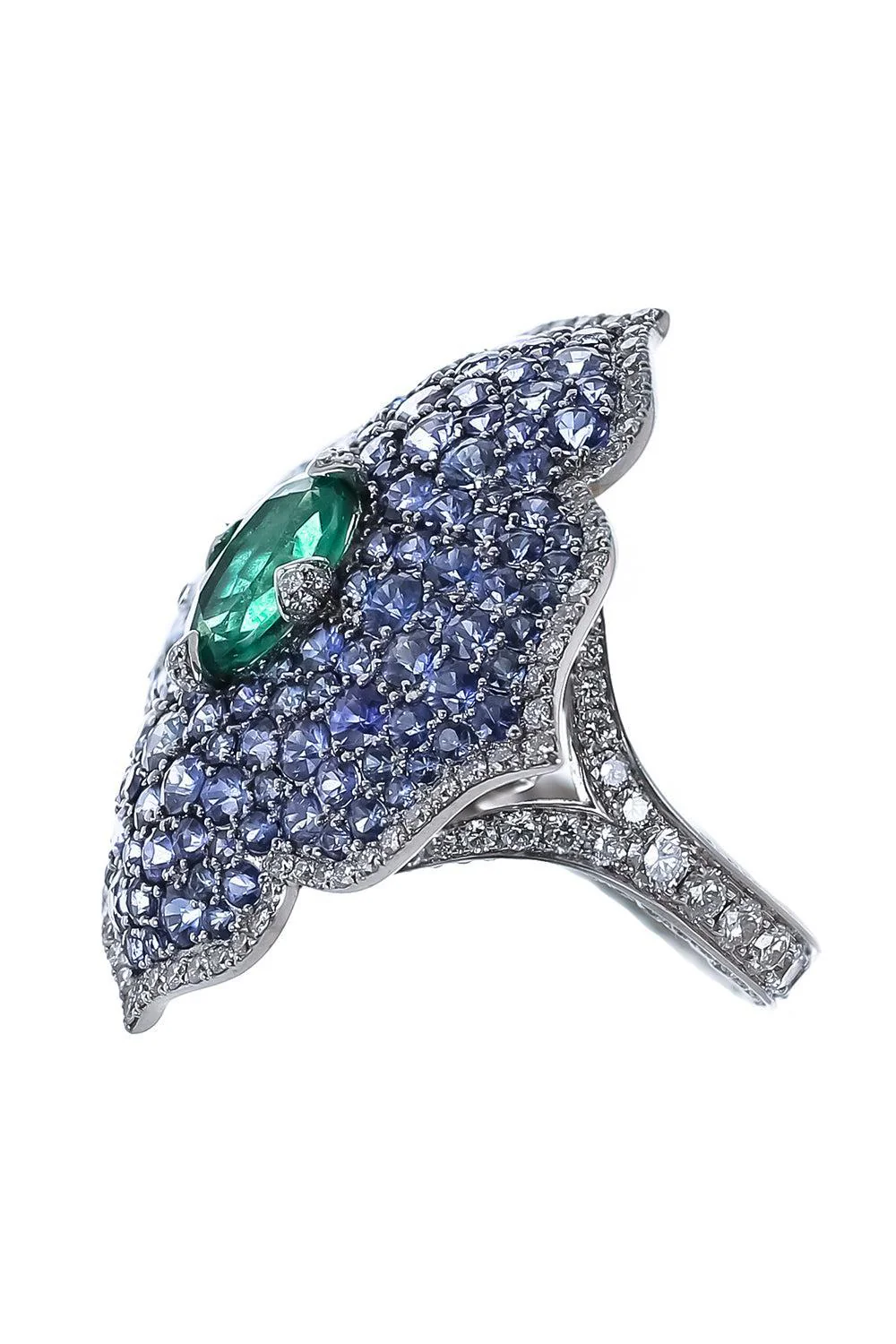 Emerald Sapphire Diamond XL Flower Ring - Image 5