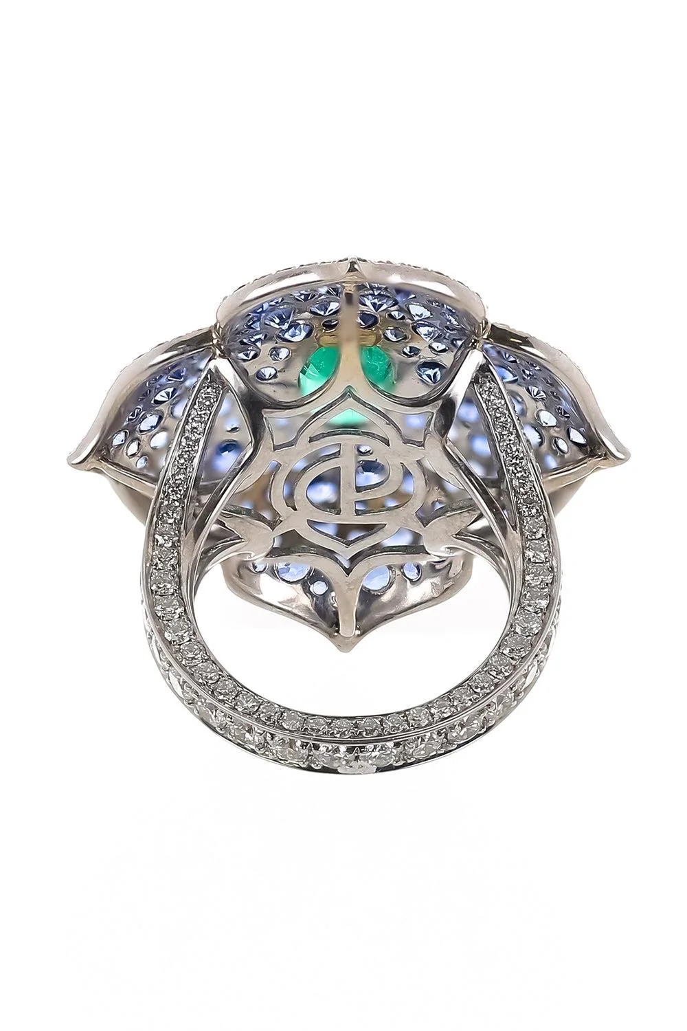 Emerald Sapphire Diamond XL Flower Ring - Image 6