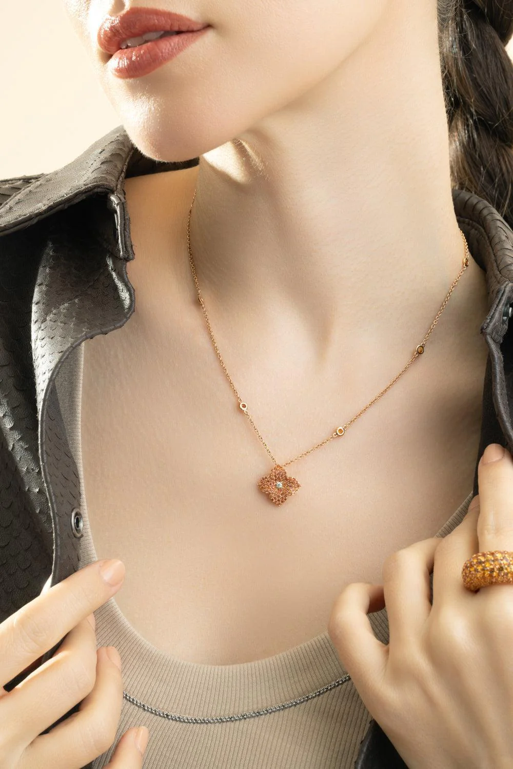 Orange Sapphire Small Flower Necklace - Image 3