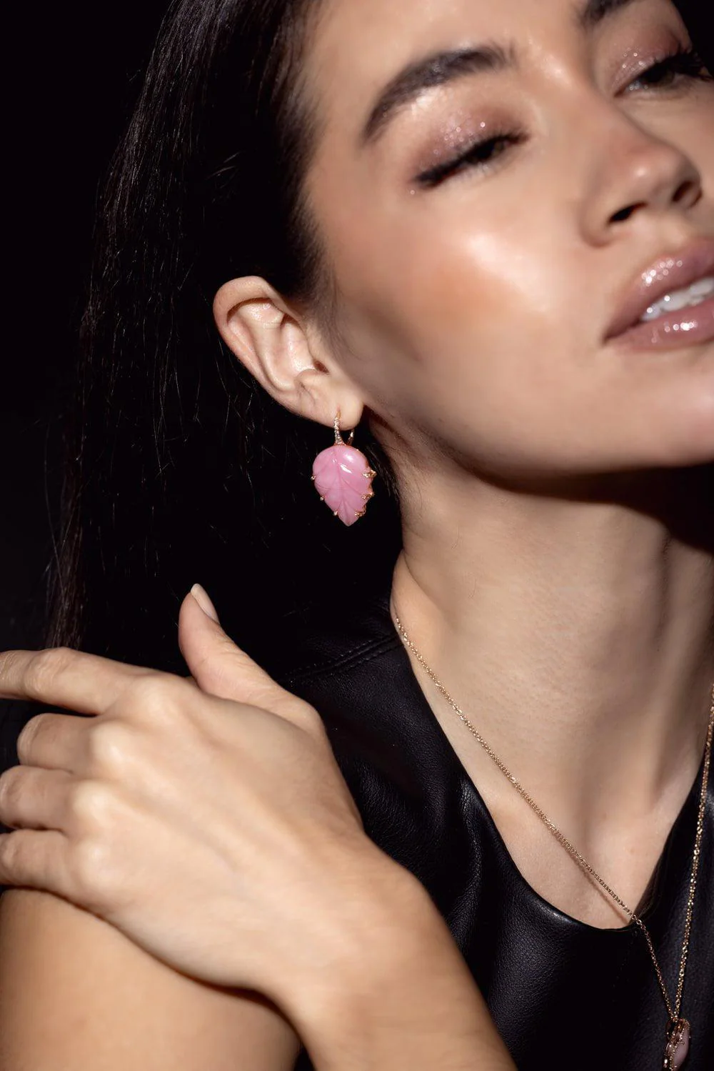 Pink Opal Leaf Earrings - Image 2