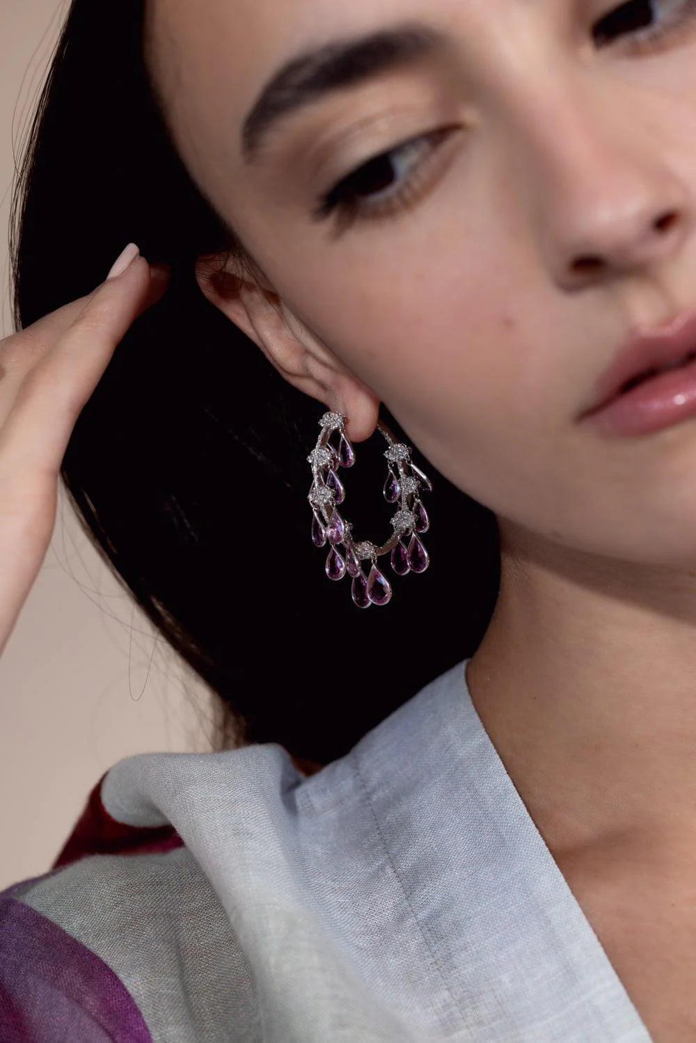 Pink Sapphire Briolette Hoop Earrings - Image 2