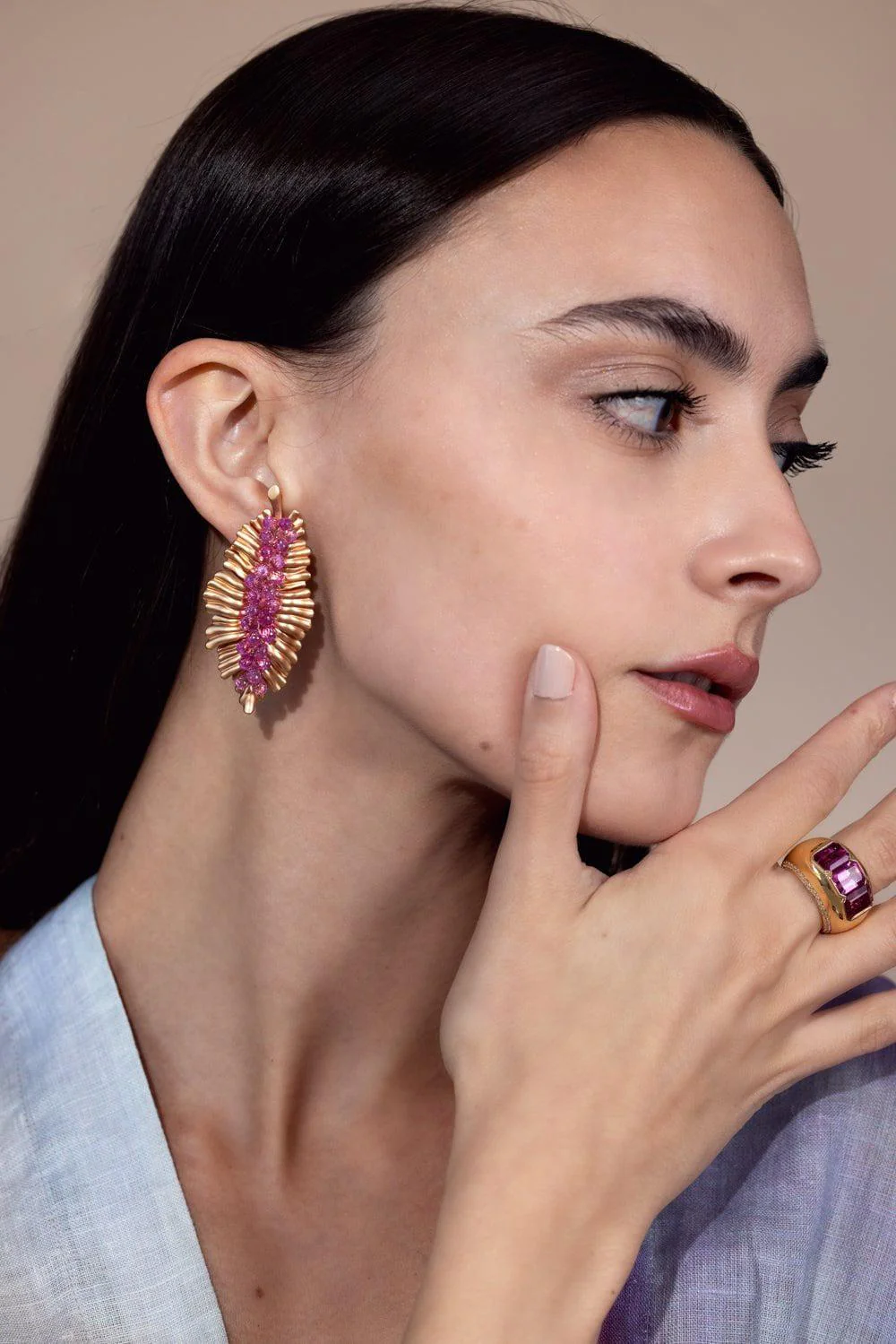Pink Sapphire Briolette Leaf Earrings - Image 2