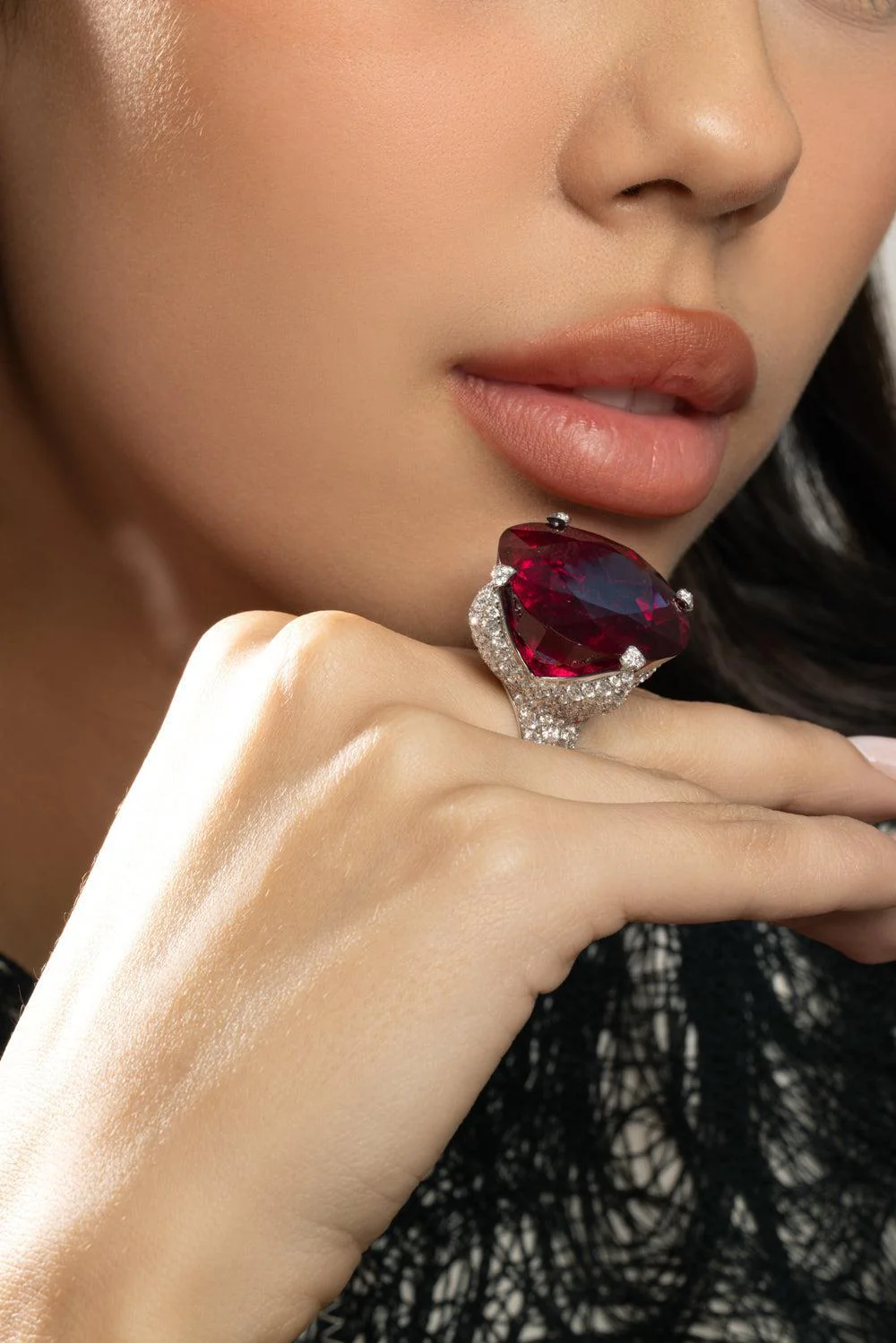 Rocky Crystal Ruby Flower Ring - Image 4