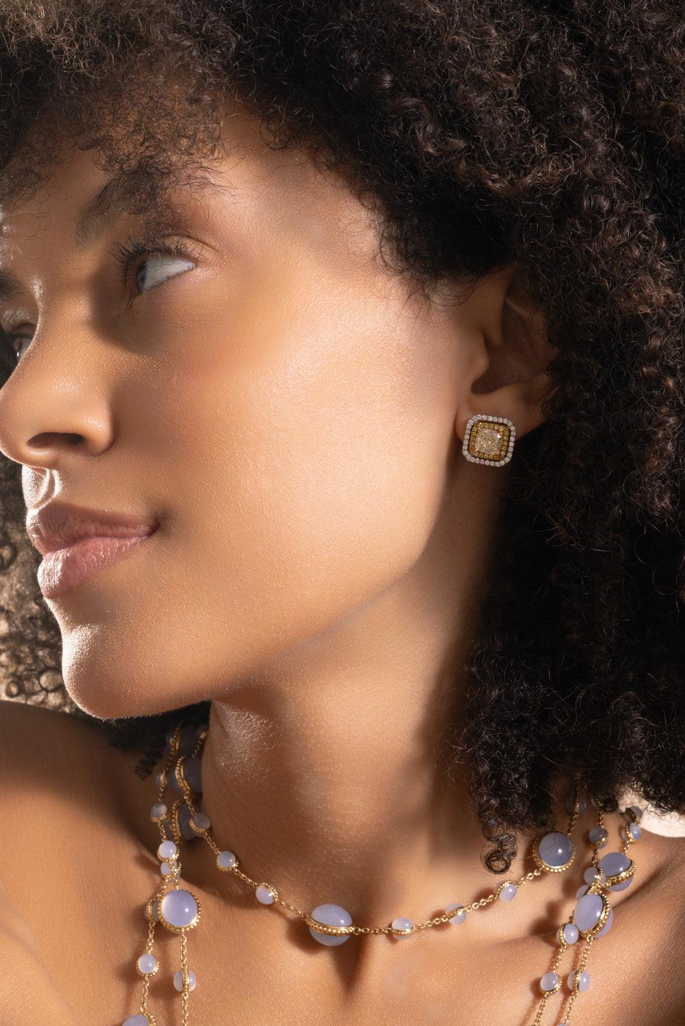 Yellow White Diamond Stud Earrings - Image 2