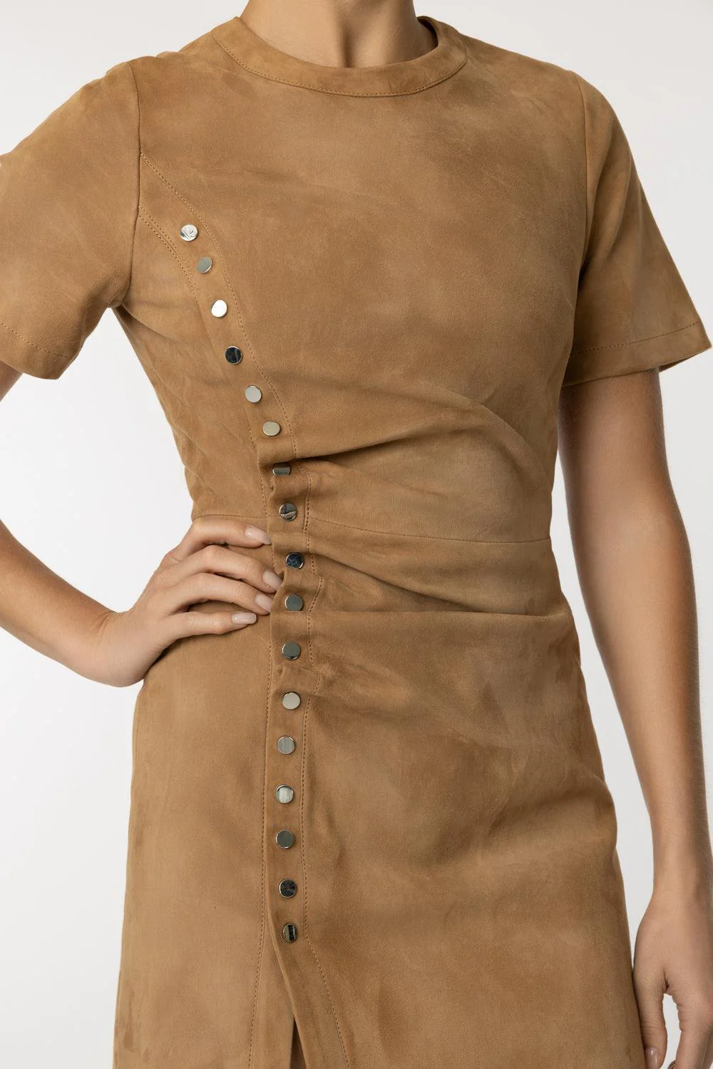Gathered Button Short Dress - New Caramel - Image 3