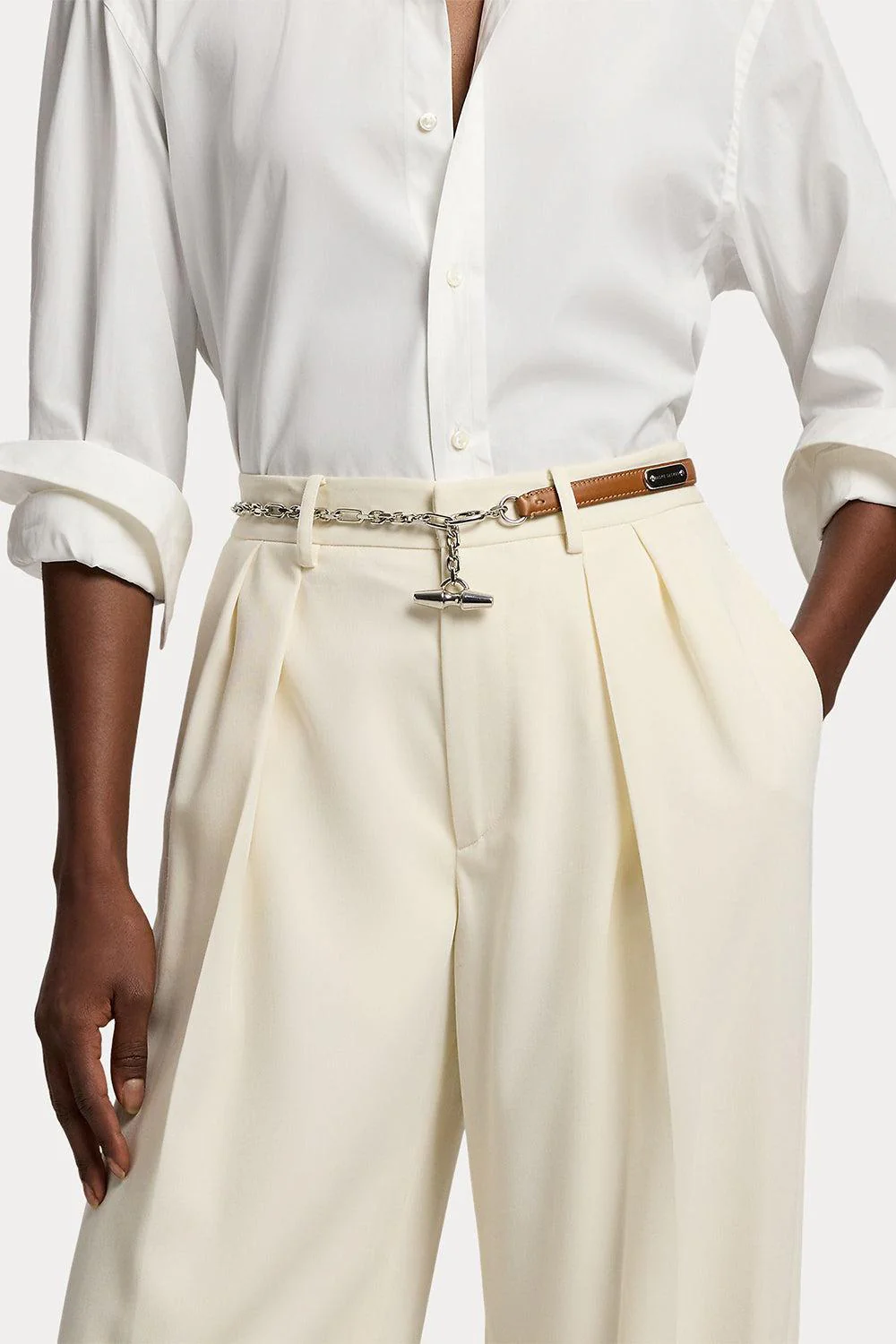 Calfskin Toggle Chain Skinny Belt - Brown - Image 3