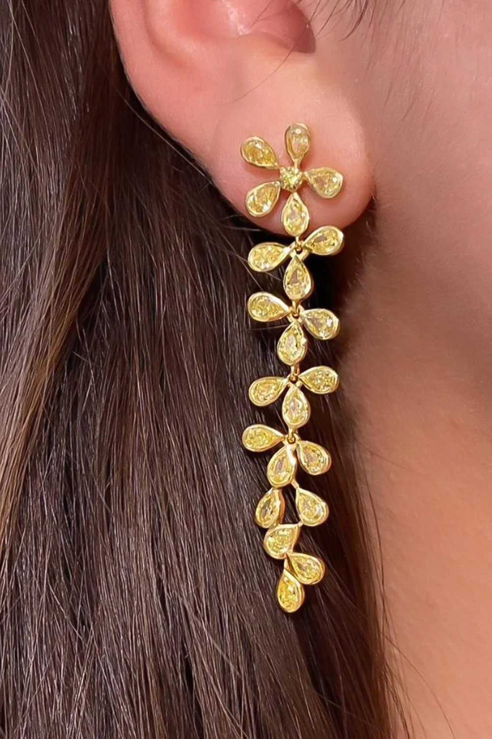 Yellow Diamond Flower Earrings - Image 2