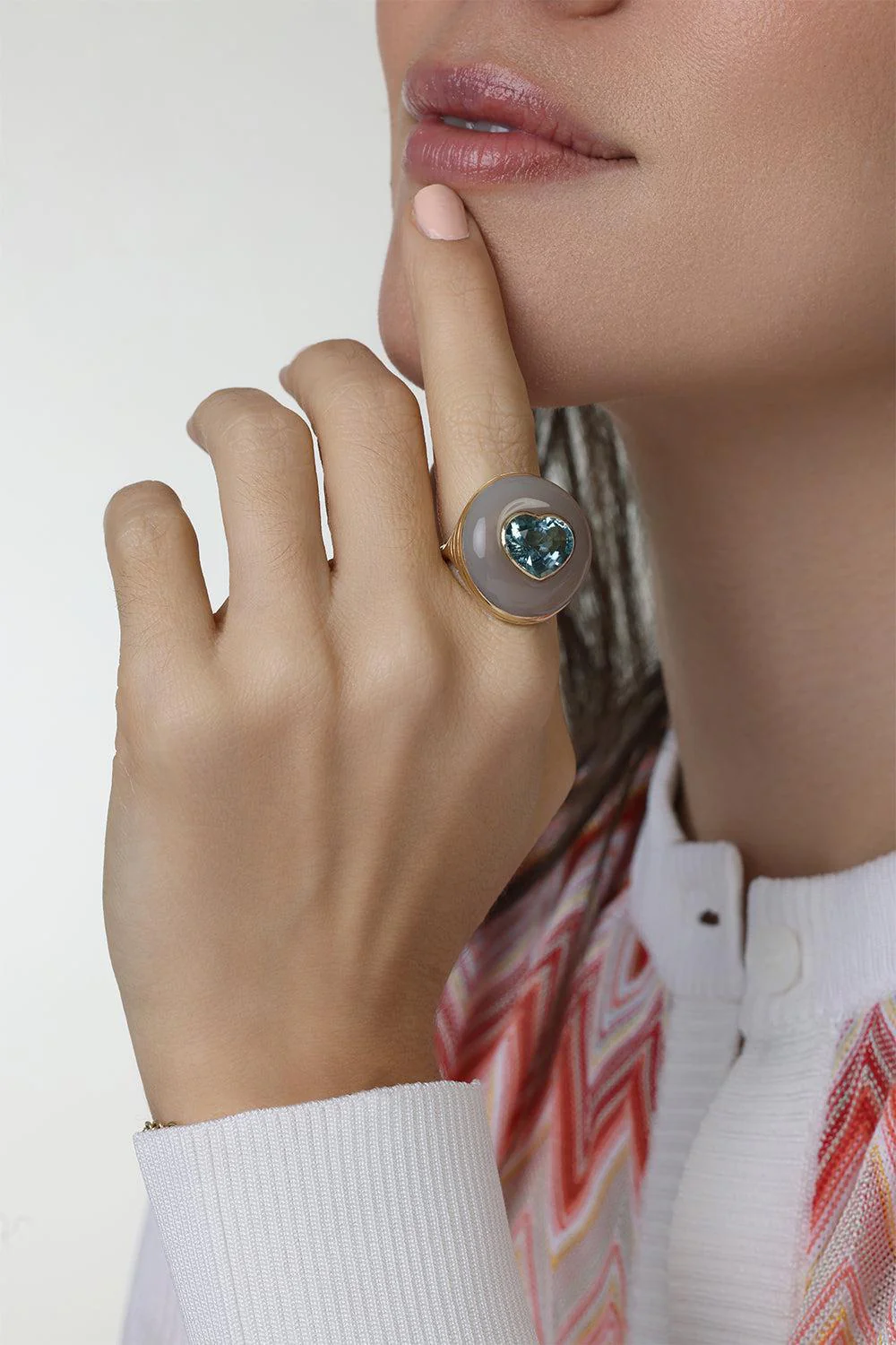 Aquamarine Chalcedony Heart Classic Lollipop Ring - Image 3