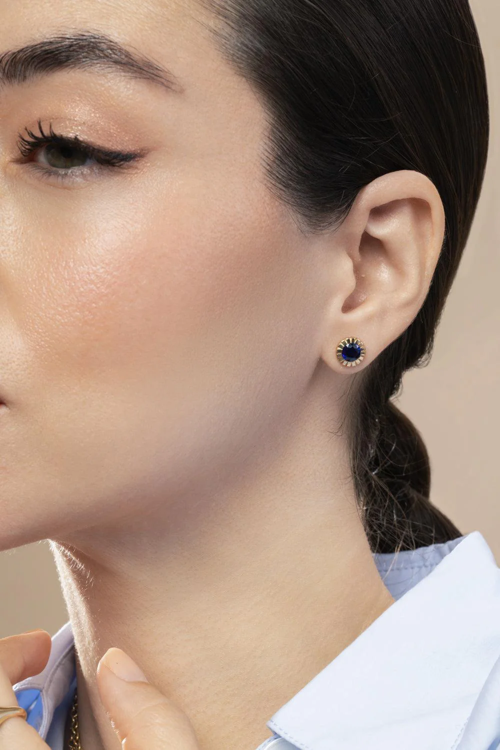 Blue Sapphire Round Bezel Heirloom Stud Earrings - Image 3