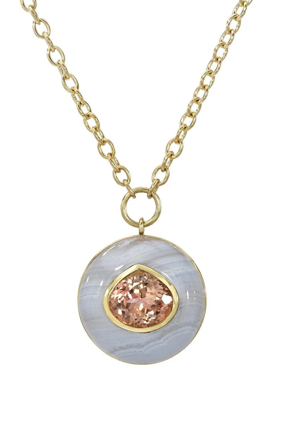 Peach Tourmaline Blue Lace Agate Lollipop Pendant Necklace