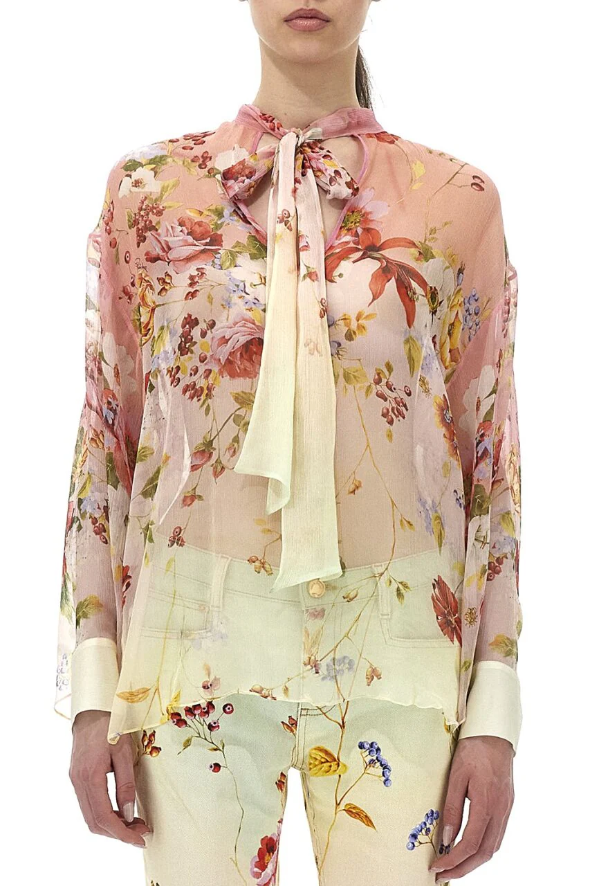 Miami Flowers Print Tie Neck Blouse - Image 2