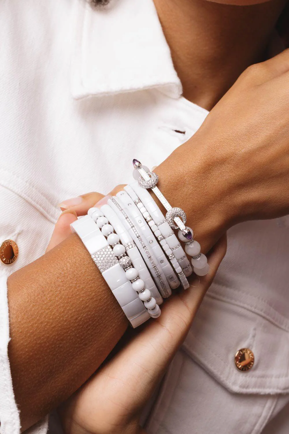 5 Diamond Bar White Ceramic Pura Stretch Bracelet - Image 2
