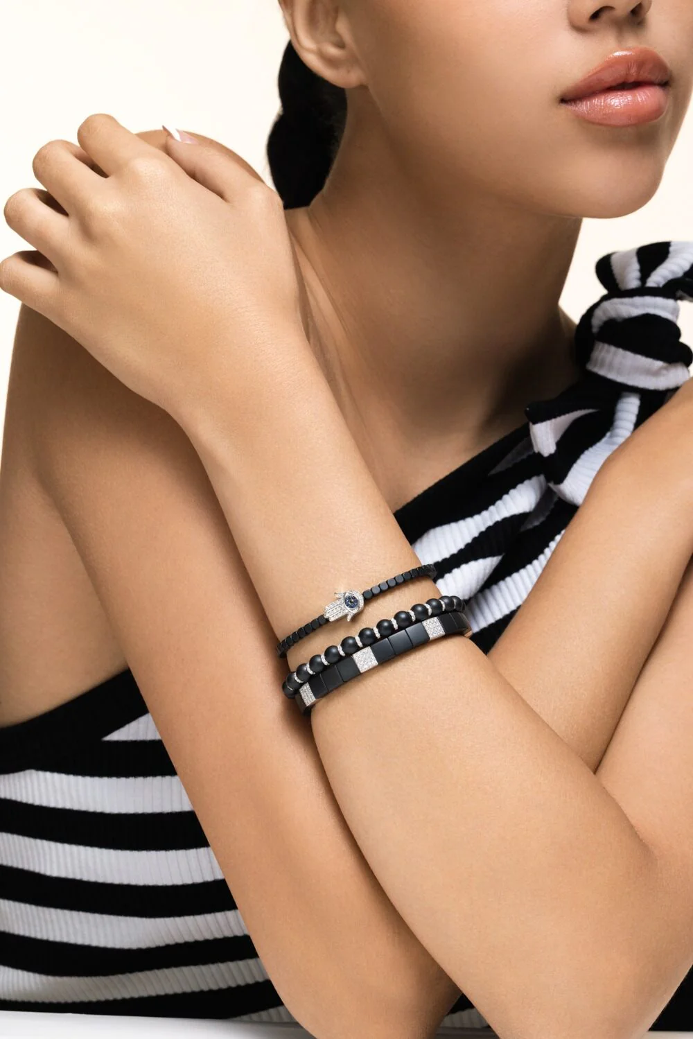 Blue Sapphire Diamond Matte Black Dado Hand Bracelet - Image 3