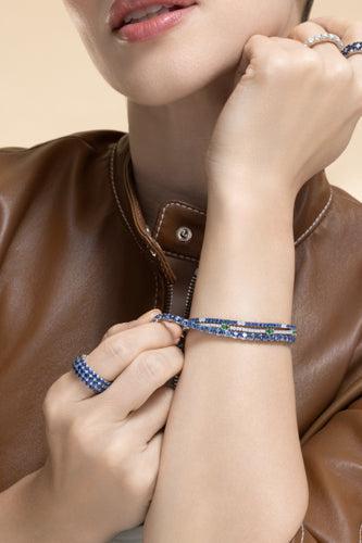 Blue Sapphire Diamond Two Alternating Tennis Stretch Bracelet - Image 2